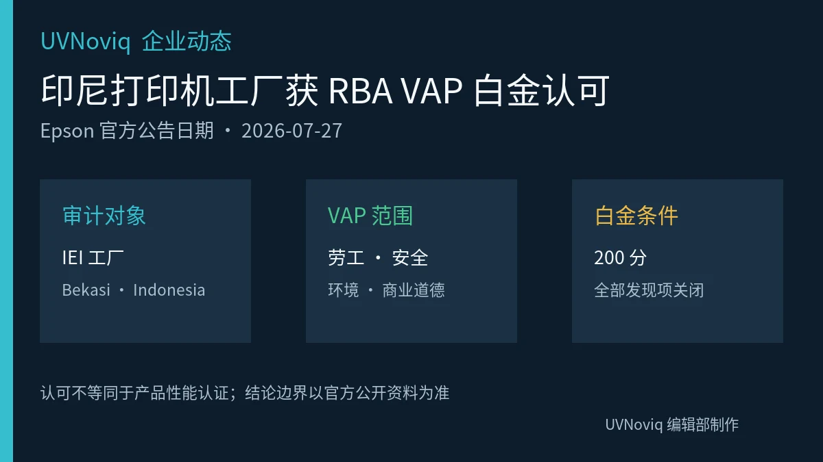 Epson 印尼 IEI 打印机工厂 RBA VAP 白金认可条件信息图