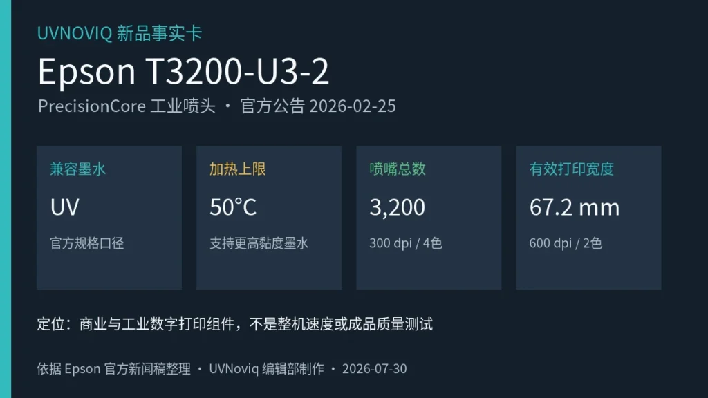 Epson T3200-U3-2 UV 工业喷头加热上限、喷嘴数和打印宽度事实卡