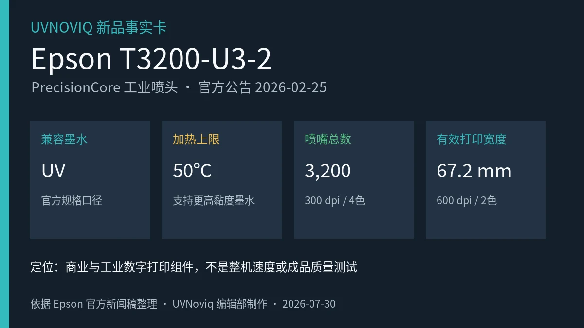 Epson T3200-U3-2 UV 工业喷头加热上限、喷嘴数和打印宽度事实卡