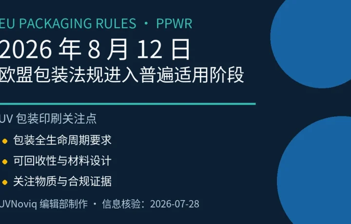 欧盟 PPWR 2026 年 8 月 12 日适用日期及 UV 包装印刷关注点信息图