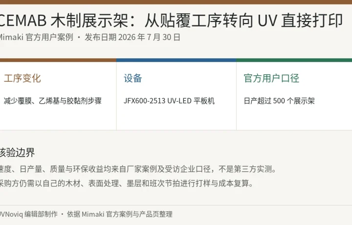 CEMAB 木制展示架从贴覆工序转向 UV 直接打印的案例核验信息卡