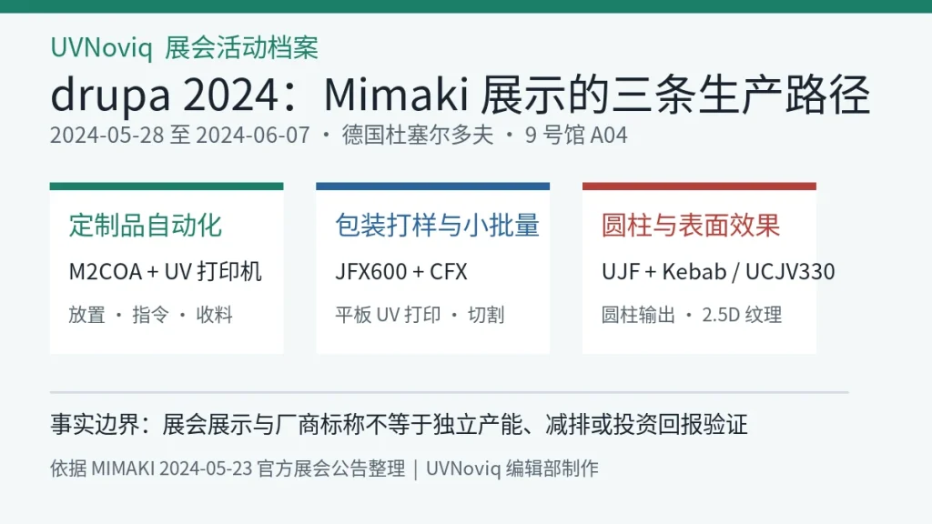 Mimaki 在 drupa 2024 展示定制品自动化、包装打样和表面效果三条生产路径的信息图