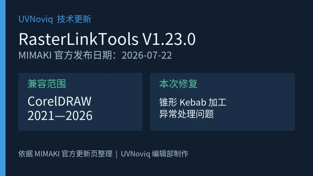 RasterLinkTools V1.23.0 支持 CorelDRAW 2021 至 2026 并修复锥形加工问题的信息图