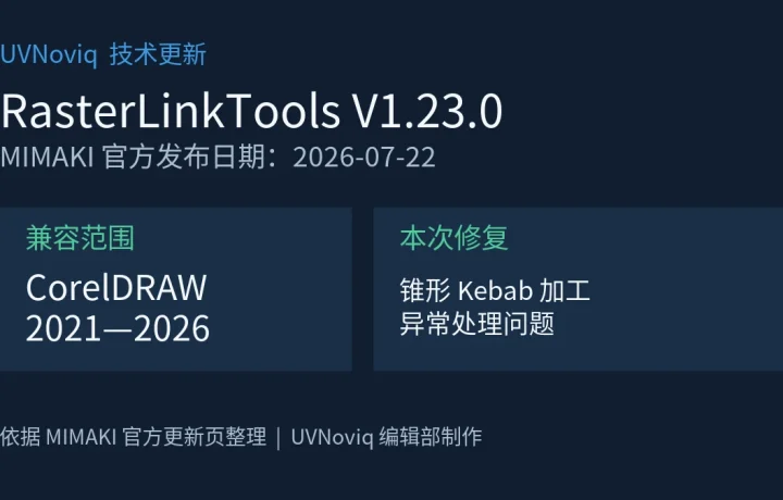RasterLinkTools V1.23.0 支持 CorelDRAW 2021 至 2026 并修复锥形加工问题的信息图