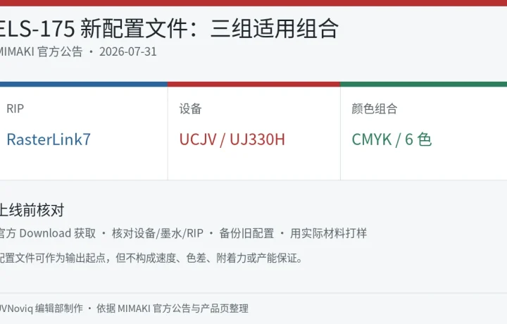 Mimaki ELS-175 墨水新配置文件的 RIP、设备与颜色组合信息图