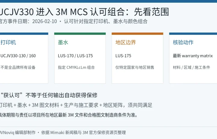Mimaki UCJV330 与 LUS-170 LUS-175 获 3M MCS 认可的组合范围和核验边界