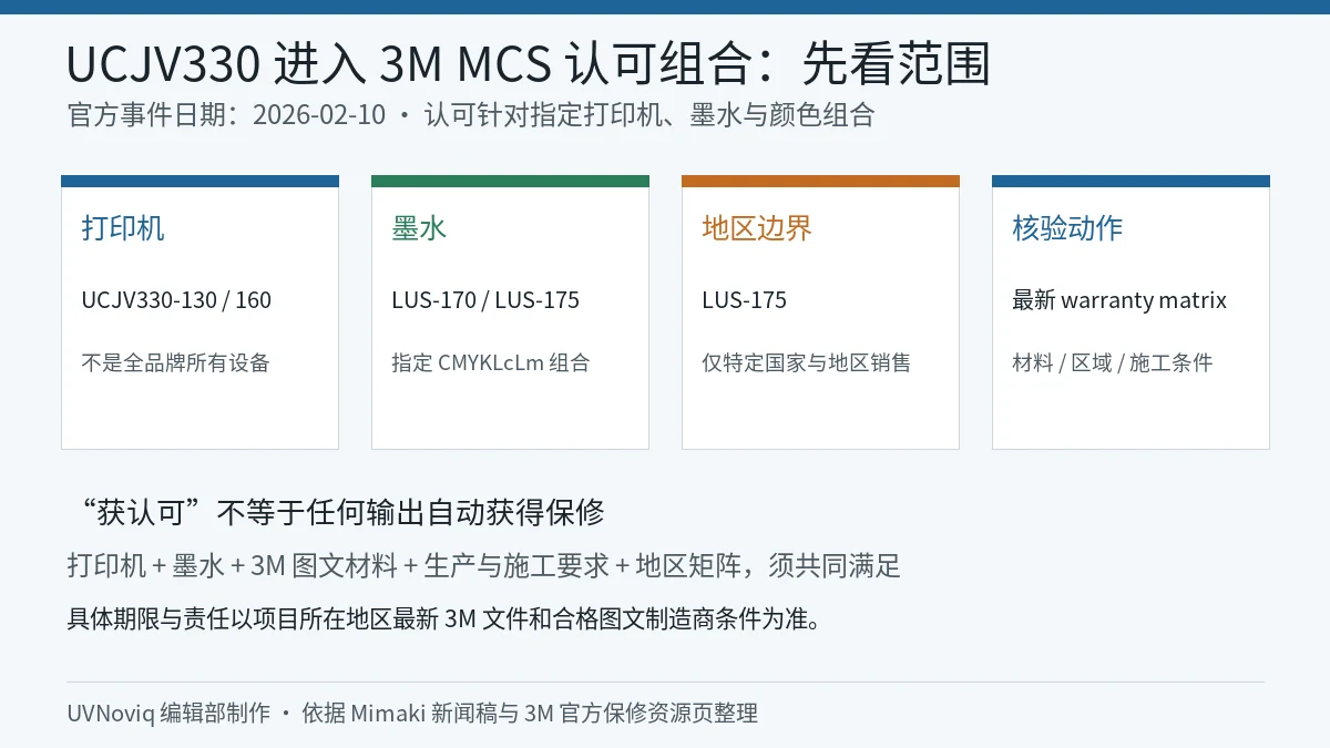 Mimaki UCJV330 与 LUS-170 LUS-175 获 3M MCS 认可的组合范围和核验边界