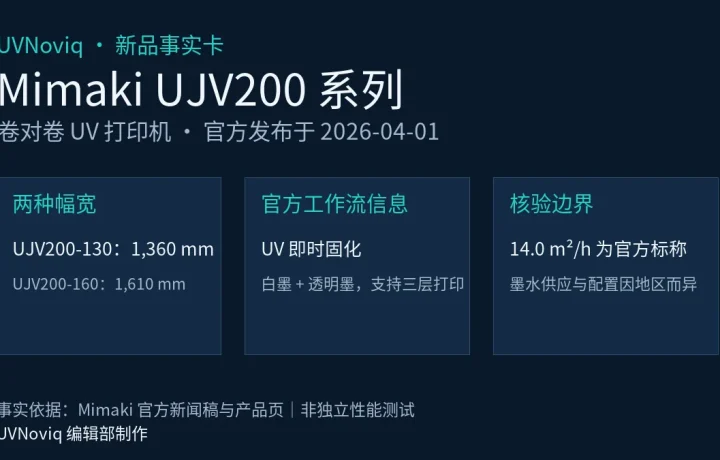 Mimaki UJV200-160 与 UJV200-130 发布日期、打印宽度和工作流特点信息图