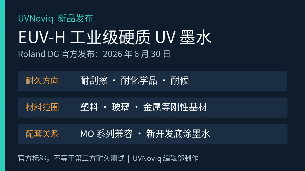 Roland DG EUV-H 硬质 UV 墨水发布日、耐久方向、材料范围和设备兼容关系信息图