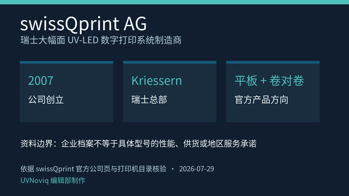 swissQprint AG 创立年份、瑞士总部与 UV-LED 打印机产品方向资料卡