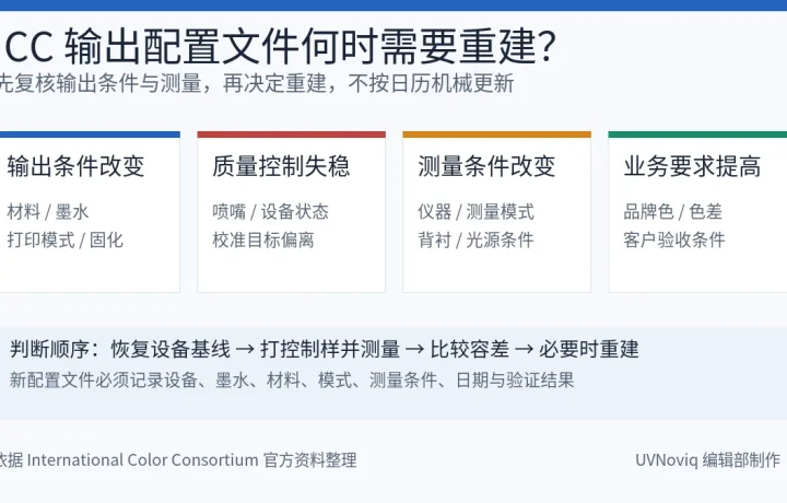 UV 打印 ICC 输出配置文件重建的输出条件、质量控制、测量与验收触发条件图