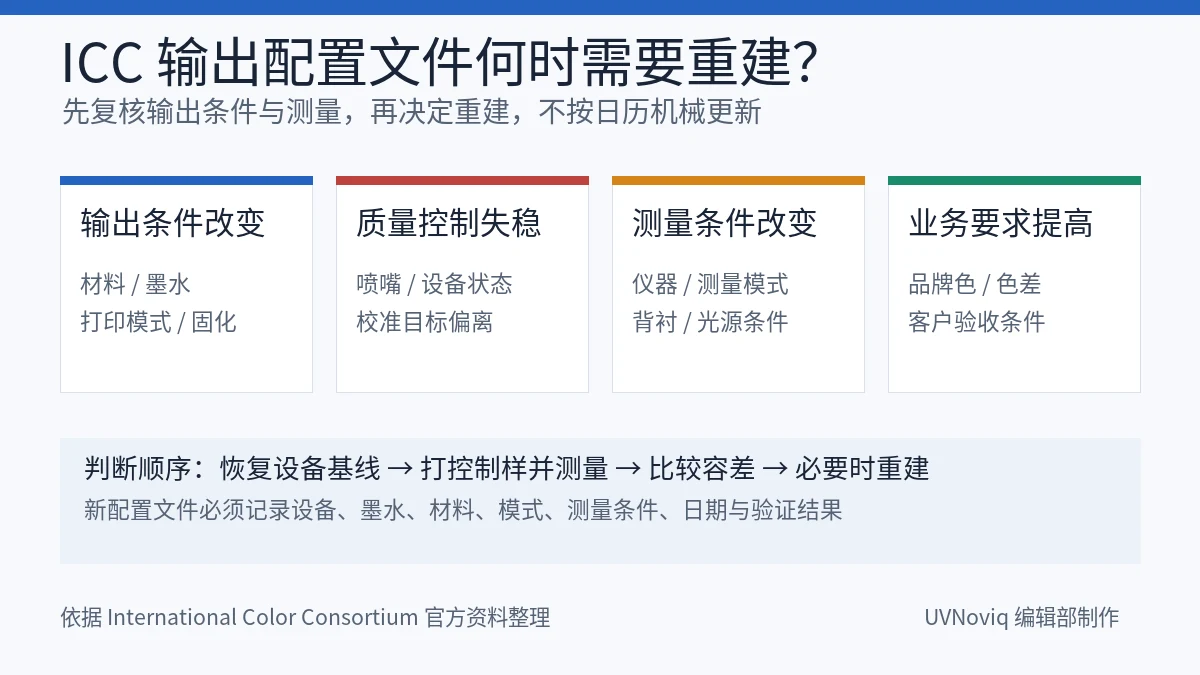 UV 打印 ICC 输出配置文件重建的输出条件、质量控制、测量与验收触发条件图