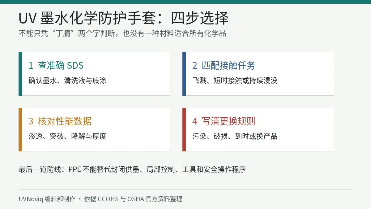 UV 墨水化学防护手套从 SDS 到更换规则的四步选择信息图