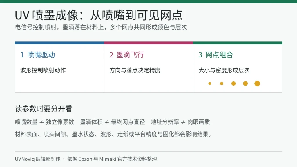 UV 喷墨图像从喷嘴驱动、墨滴飞行到网点组合的成像结构图