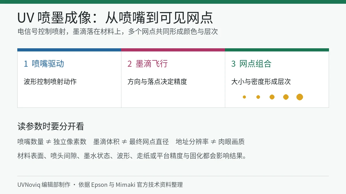 UV 喷墨图像从喷嘴驱动、墨滴飞行到网点组合的成像结构图