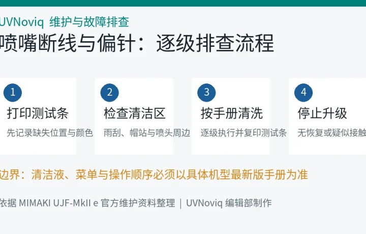 UV 打印喷嘴断线与偏针逐级排查流程图