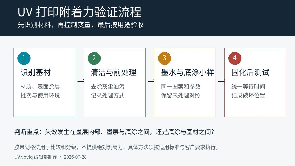 UV 打印附着力从材料识别到固化后测试的四步流程图