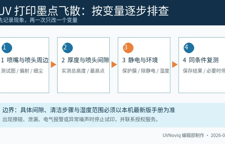 UV 打印墨点飞散的喷嘴、喷头间隙、静电和湿度排查流程图
