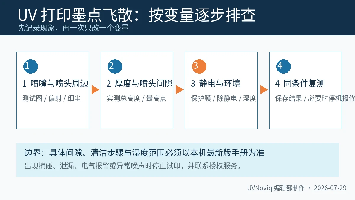 UV 打印墨点飞散的喷嘴、喷头间隙、静电和湿度排查流程图