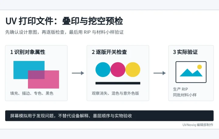 UV 打印文件从对象属性、逐版检查到 RIP 和材料小样验证的叠印与挖空预检流程图