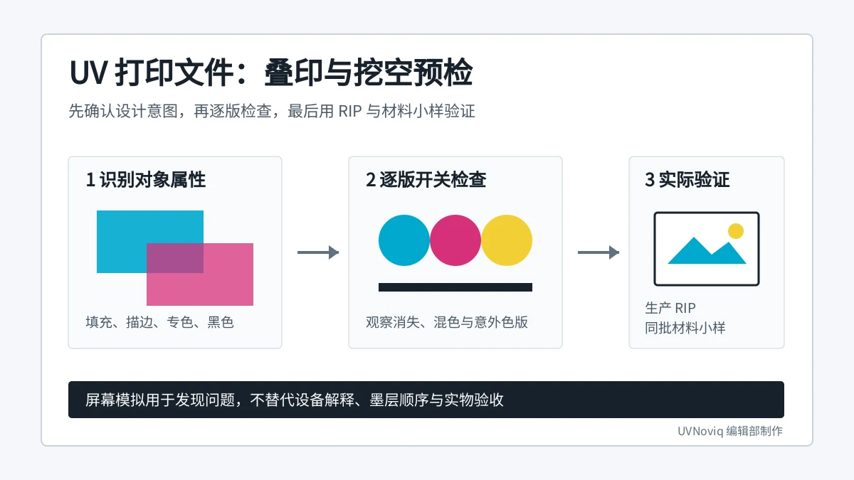 UV 打印文件从对象属性、逐版检查到 RIP 和材料小样验证的叠印与挖空预检流程图