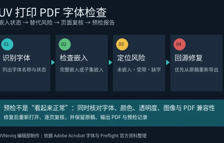 UV 打印 PDF 字体嵌入、替代风险与预检修复流程图
