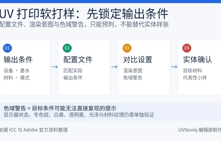 UV 打印软打样的输出配置文件、渲染意图、色域警告与实体确认流程图