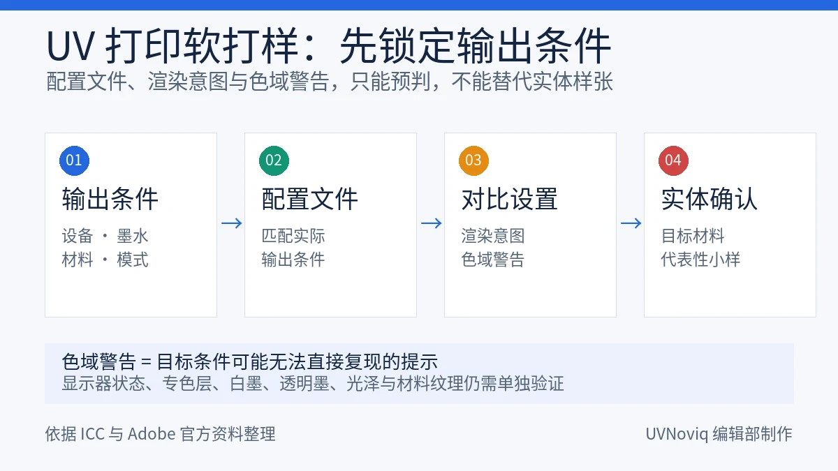 UV 打印软打样的输出配置文件、渲染意图、色域警告与实体确认流程图