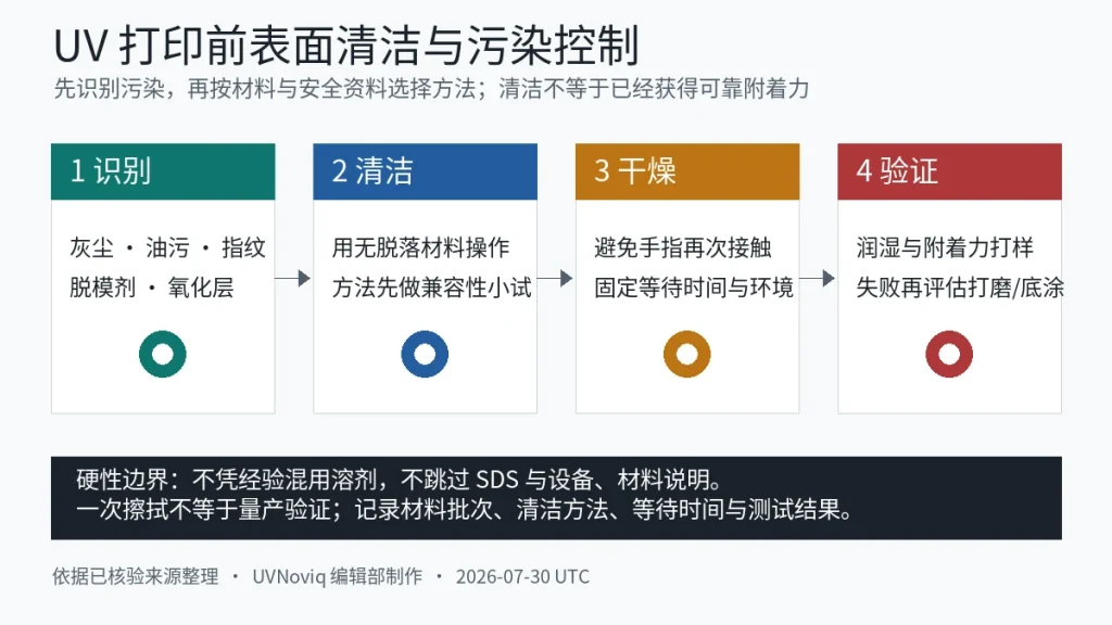 UV 打印前识别表面污染、清洁、干燥和验证的四步流程图