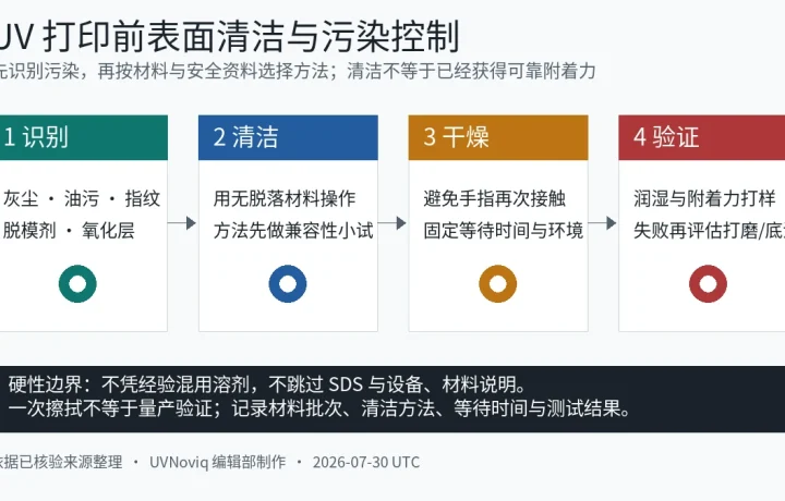 UV 打印前识别表面污染、清洁、干燥和验证的四步流程图