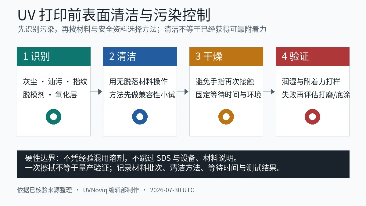 UV 打印前识别表面污染、清洁、干燥和验证的四步流程图