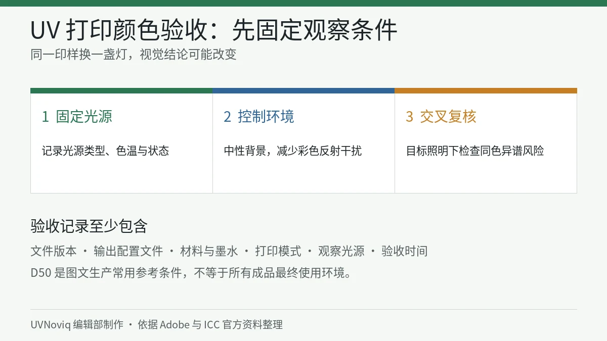 UV 打印颜色验收固定光源、环境和同色异谱复核步骤信息图