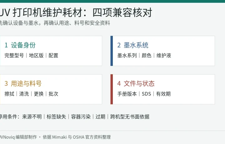 UV 打印机清洁液与维护耗材按机型墨水料号和文件状态核对的信息图
