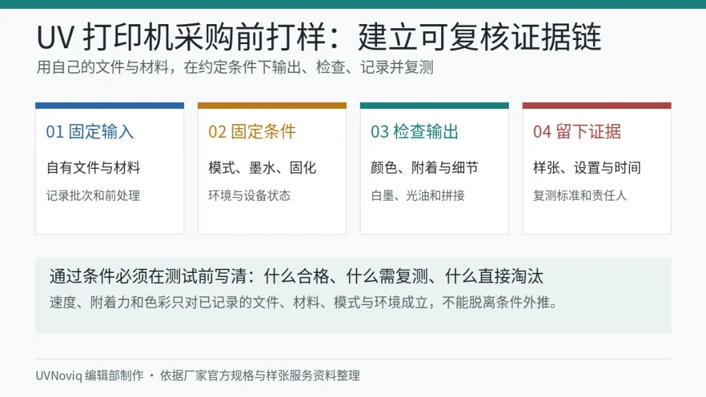 UV 打印机采购前使用自有文件材料固定测试条件并保留复测证据的清单图