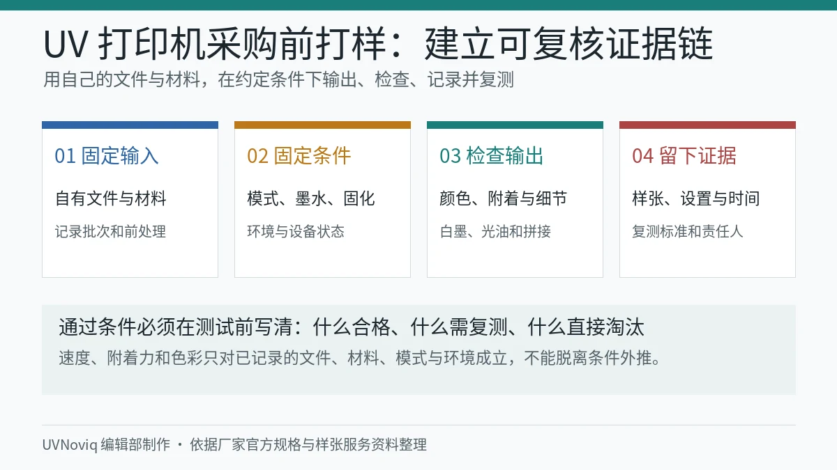 UV 打印机采购前使用自有文件材料固定测试条件并保留复测证据的清单图