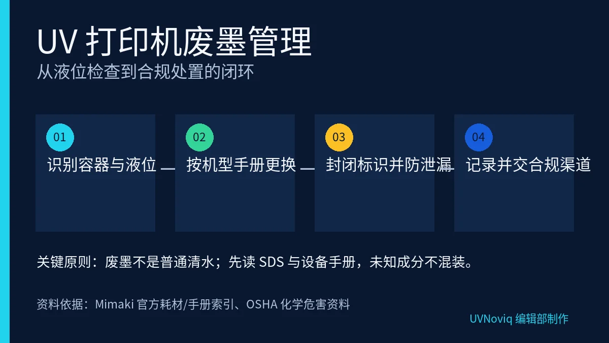 UV 打印机废墨从液位检查、更换、封闭防泄漏到合规处置的四步管理图