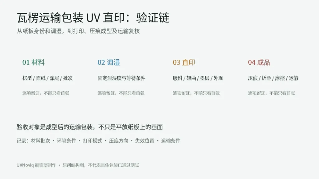 瓦楞运输包装 UV 直印从材料和调湿到打印及运输验证的流程图