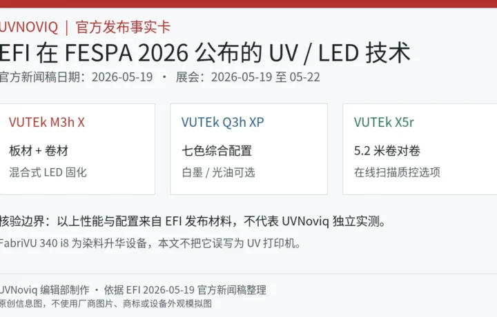 EFI 在 FESPA 2026 公布的 VUTEk M3h X、Q3h XP 和 X5r UV LED 打印技术信息图