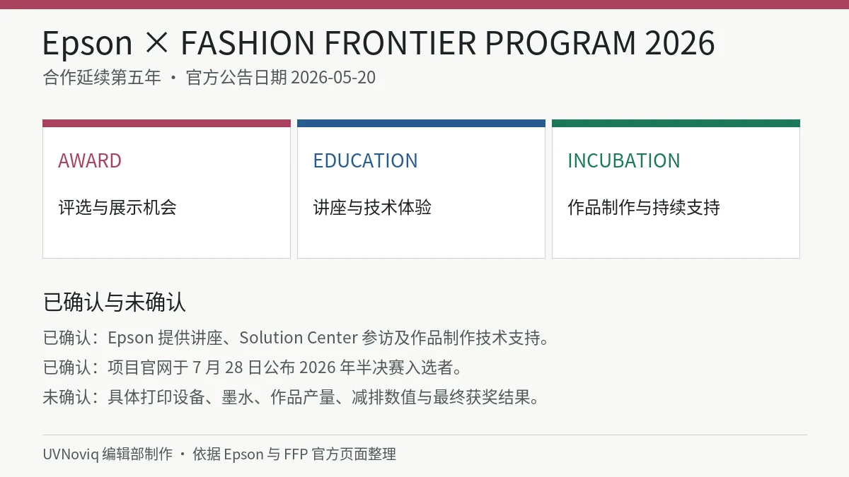 Epson 支持 FASHION FRONTIER PROGRAM 2026 的奖项、教育、孵化结构与事实边界图