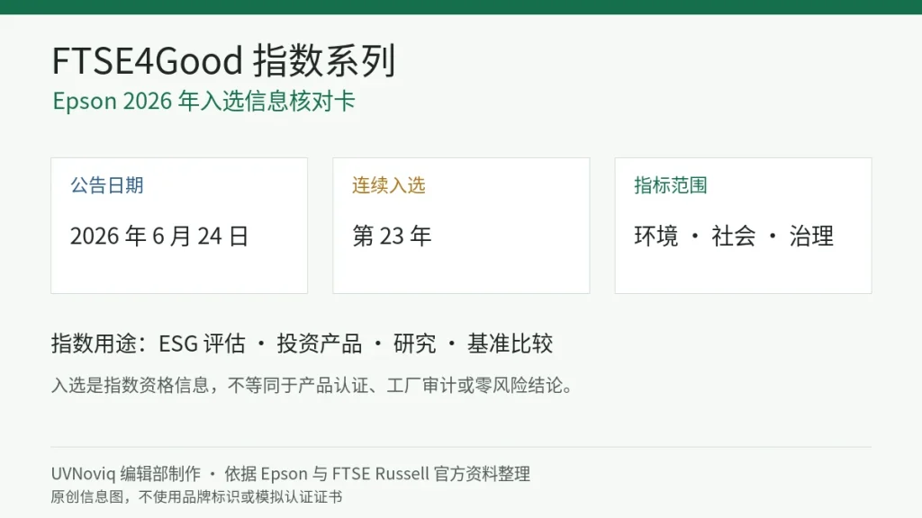 Epson 2026 年连续第 23 年入选 FTSE4Good 指数系列的日期、ESG 范围和解读边界信息卡