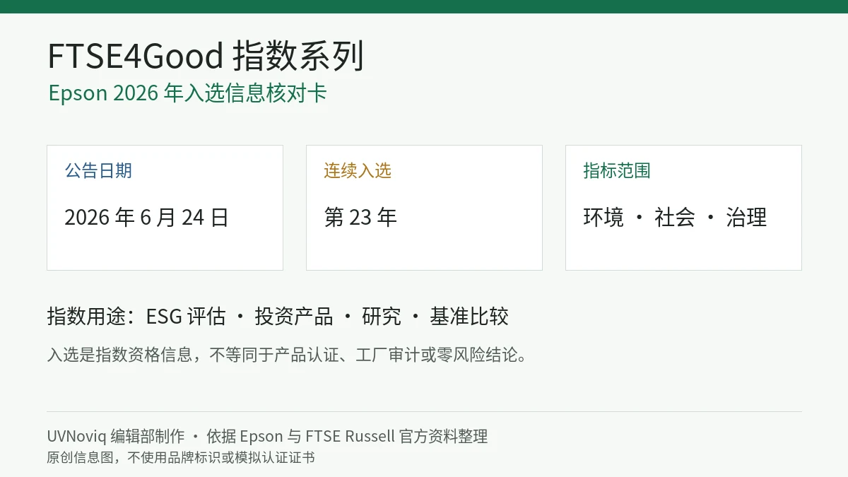 Epson 2026 年连续第 23 年入选 FTSE4Good 指数系列的日期、ESG 范围和解读边界信息卡