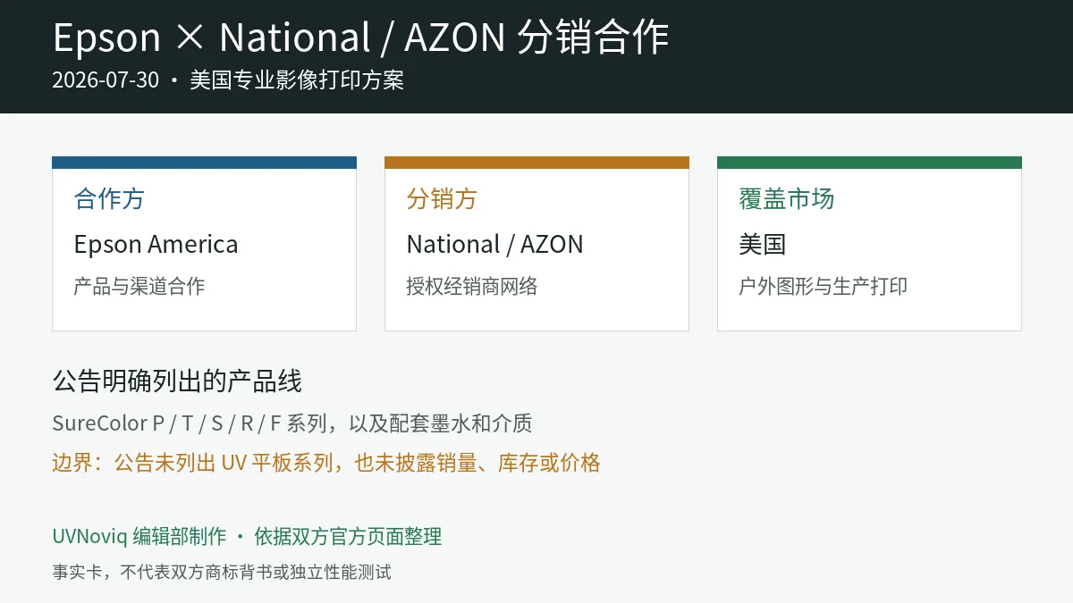 Epson 与 National AZON 美国分销合作参与方、覆盖市场、产品线及信息边界事实卡