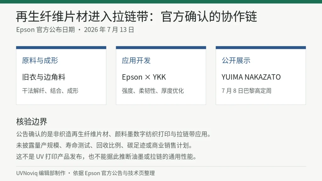 Epson 与 YKK 将再生纤维非织造片材用于拉链带的协作流程与信息边界图