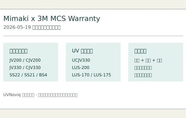Mimaki 2026年5月公告中的3M MCS Warranty认证机型与墨水组合信息图