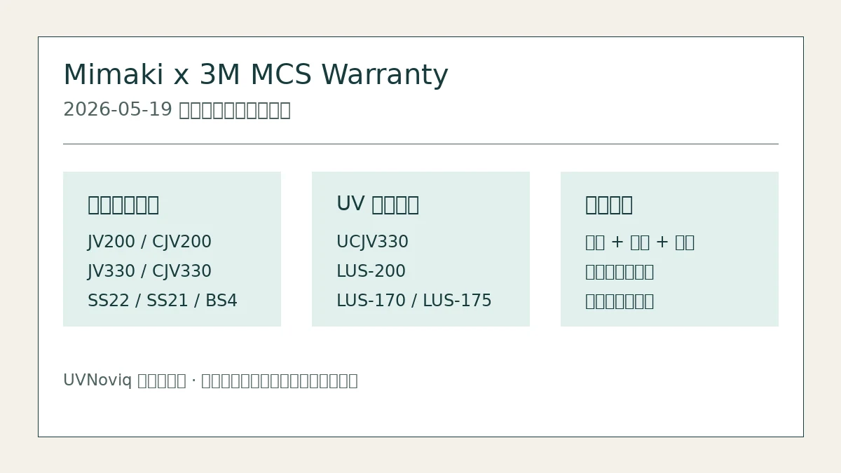 Mimaki 2026年5月公告中的3M MCS Warranty认证机型与墨水组合信息图