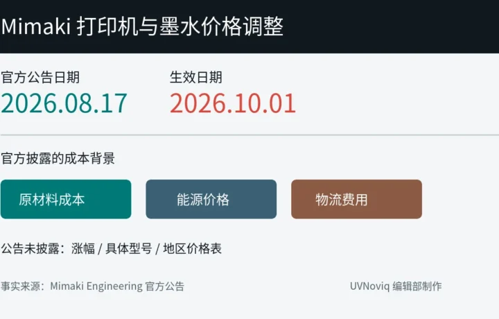 Mimaki 打印机与墨水 2026 年 10 月调价时间线及成本原因核验卡