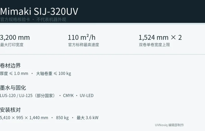 Mimaki SIJ-320UV 打印宽度、双卷、墨水和安装参数核验卡