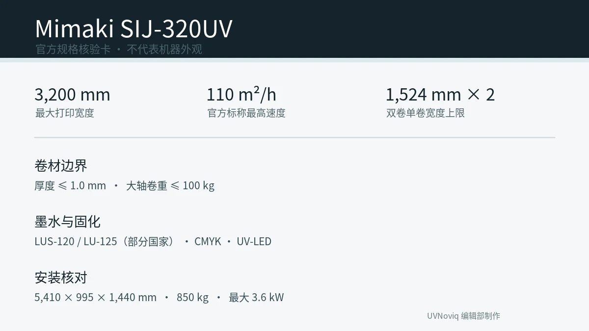 Mimaki SIJ-320UV 打印宽度、双卷、墨水和安装参数核验卡