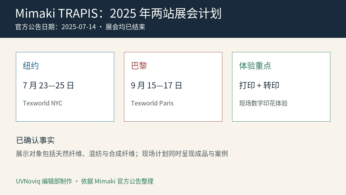 Mimaki TRAPIS 2025 年纽约与巴黎 Texworld 展会计划信息图