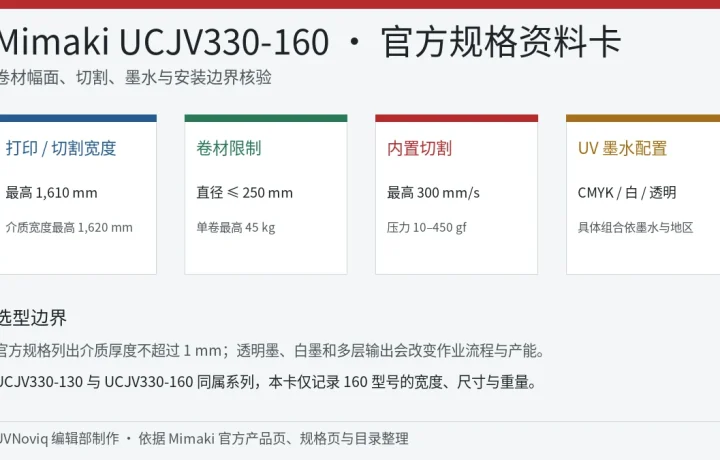 Mimaki UCJV330-160 打印宽度、卷材、切割与 UV 墨水规格资料卡